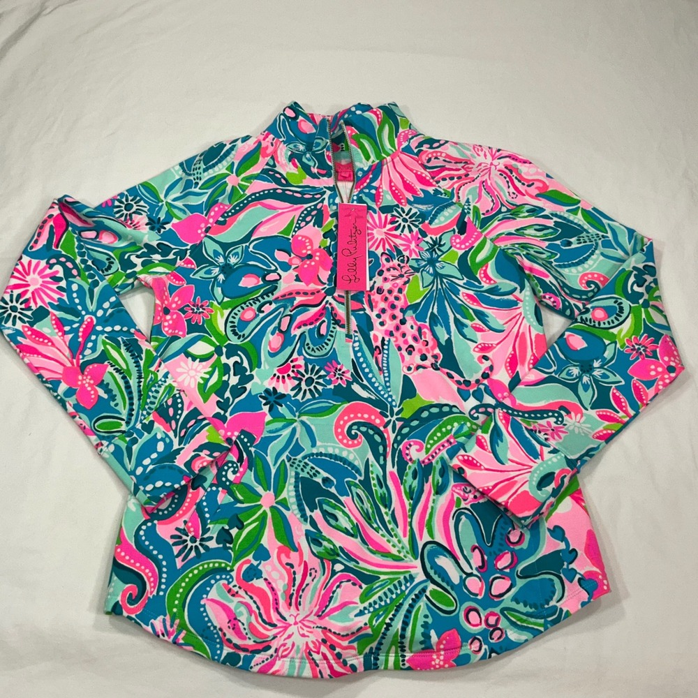 Lilly Pulitzer Skipper Popover Half Zip Floral Leopard UPF 50+ Pink Blue Small
